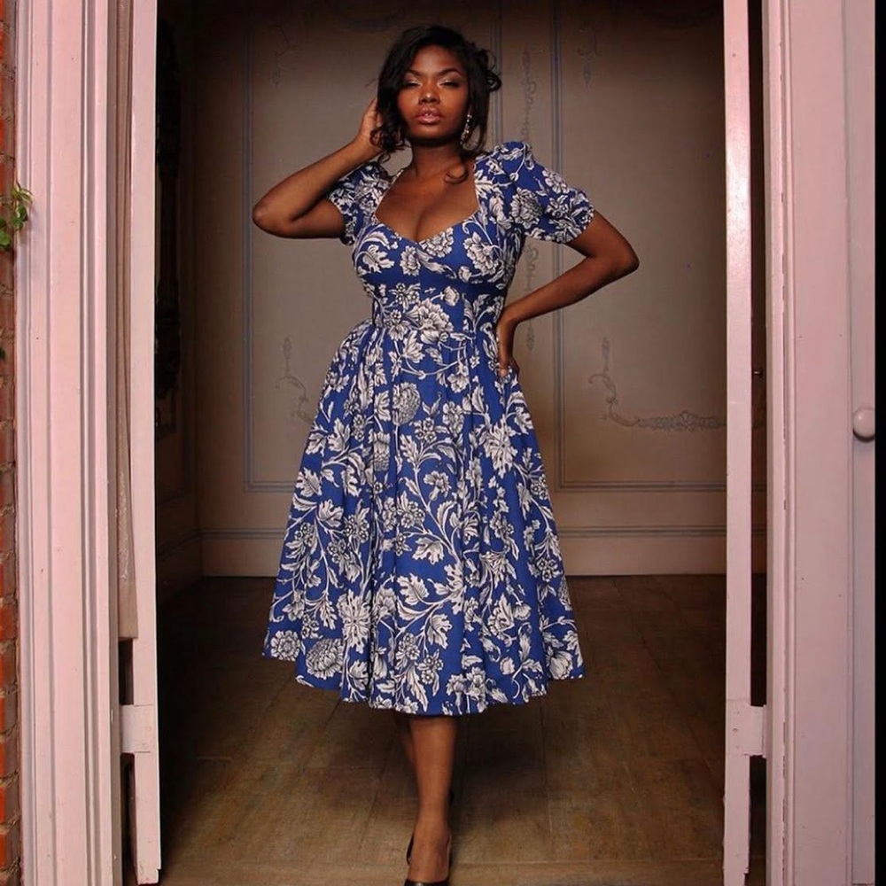 Pinup Girl Clothing Lucrezia Dress in Blue and White Original Capri Floral